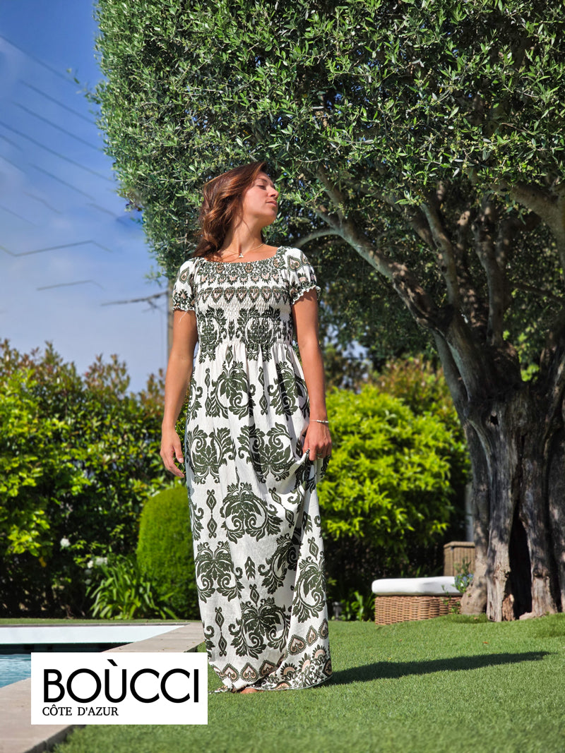 Esprit Toscane – Robe Longue Bardot à Imprimé Méditerranéen