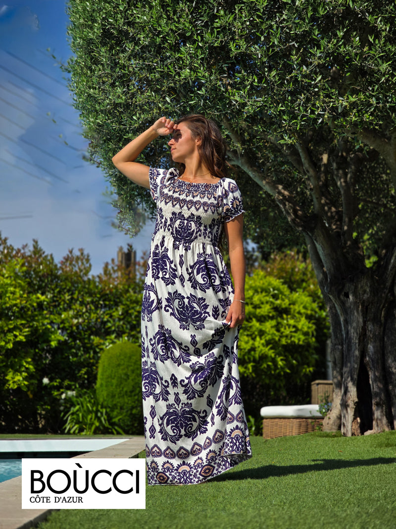Esprit Toscane – Robe Longue Bardot à Imprimé Méditerranéen