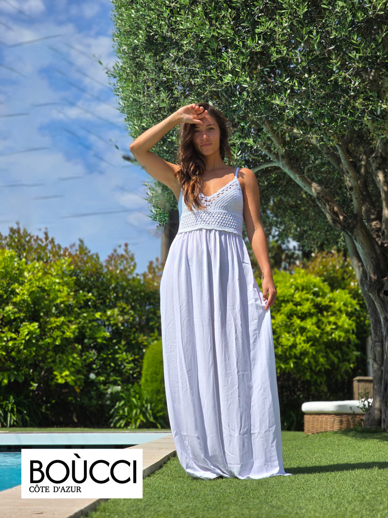 Esprit Soleil Levant – Robe Longue Bohème Crochet & Voile