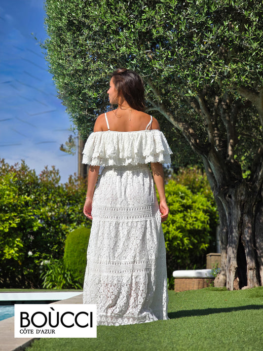 Esprit Dentelle – Robe Longue Épaules Dénudées en Broderie Blanche